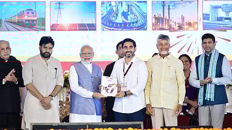 Prime Minister Narendra Modi, Chief Minister Nara Chandrababu Naidu, Deputy CM Pawan Kalyan, HRD Minister N Lokesh and Governor S Abdul Nazeer during the Super GST - Super Savings public meeting in Kurnool.