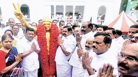 AIADMK general secretary Edappadi K Palaniswami along with party leaders paying tributes to former chief minister MG Ramachandran in Chennai on Friday 