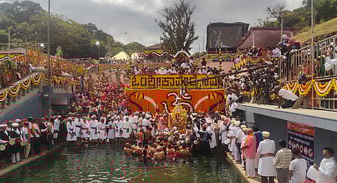 Hundreds of Kodavas, dressed in their traditional attire, walked barefoot for about 8 km from Bhagamandala to Talacauvery in a display of devotion.
