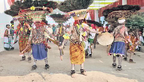 Locals perform Gussadi dance ahead of Diwali festival near Gudirevu in Dandepalli mandal in Mancherial district