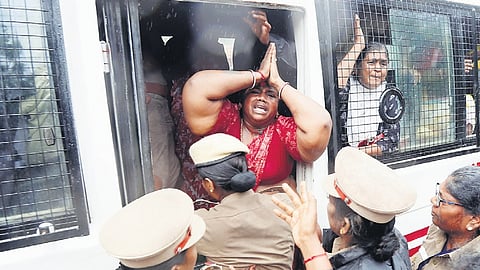 Sanitary workers staged a protest near the Secretariat on Friday 