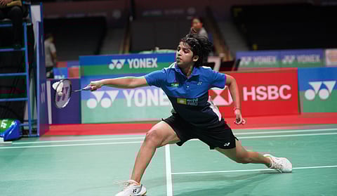 Chen Long reacts during a match on Saturday