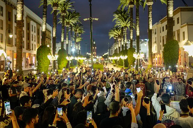 People take part in a youth-led protest against corruption and calling for education and healthcare reforms in Rabat, Morocco, Thursday, Oct. 9, 2025.