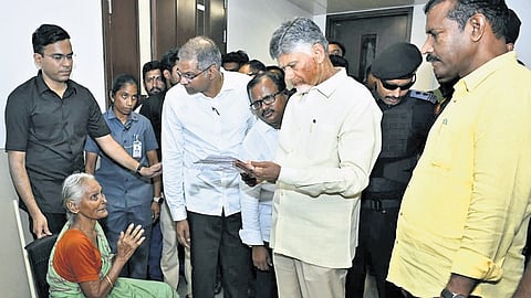 Chief Minister Nara Chandrababu Naidu takes representations from the public at the TDP central office on Saturday.