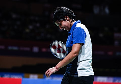 Tanvi Sharma after winning her match on Saturday