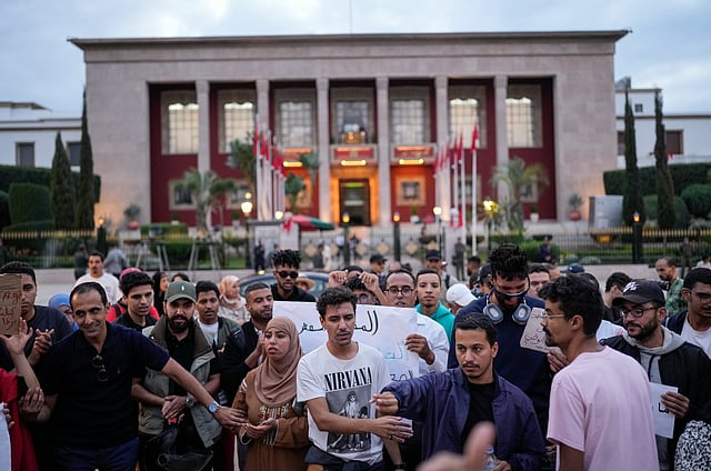 People take part in a youth-led protest against corruption and calling for education and healthcare reforms in Rabat, Morocco, Thursday, Oct. 9, 2025.