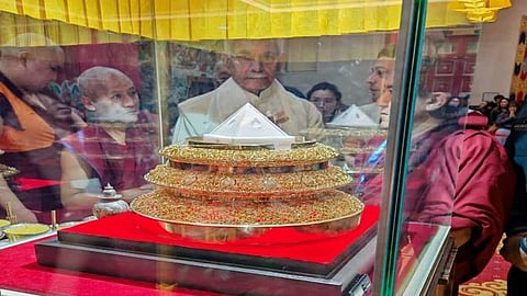 Jammu and Kashmir Lieutenant Governor (L-G) Manoj Sinha with the Holy Relics of Lord Buddha at Geden Sheddup Choikorling Monastery in Kalmykia, Russia on 18 October , 2025.