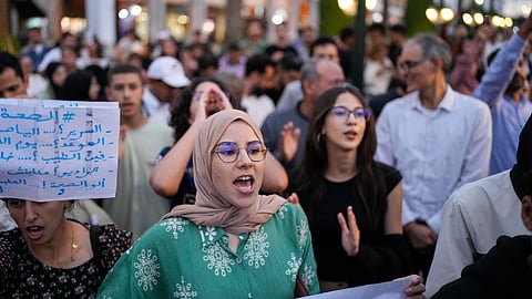 People take part in a youth-led protest against corruption and calling for education and healthcare reforms in Rabat, Morocco, Thursday, Oct. 9, 2025.