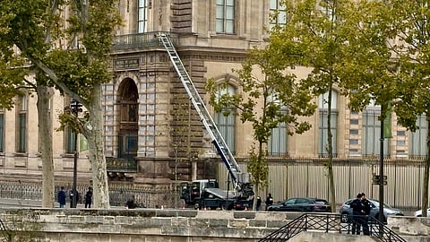 A basket lift used by thieves is seen at the Louvre museum on Sunday, Oct. 19, 2025, in Paris.