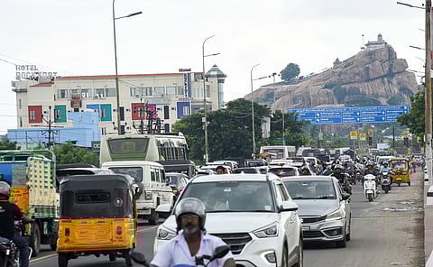 Vehicles lining up in a heavy traffic due to Deepavali in Tiruchy