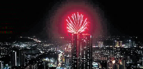 Fireworks from 
high-rise building in the heart of the IT corridor  add glitter to Diwali celebrations that enveloped the entire state on Sunday, the eve of the festival