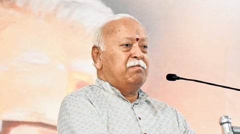 RSS chief Mohan Bhagwat addressing the public during a programme held to commemerate P E B Menon 