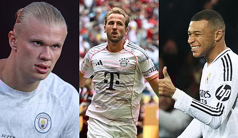 From left: Erling Haaland, Harry Kane & Kylian Mbappe