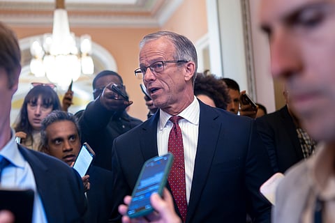 Speaker of the House Mike Johnson, R-La., faces reporters, joined from left by Majority Leader Steve Scalise, R-La., Majority Whip Tom Emmer, R-Minn., and Small Business Administration head Kelly Loeffler at a news conference on day 27 of the government shutdown, at the Capitol in Washington, Monday, Oct. 27, 2025.