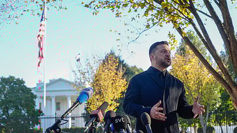 Ukraine's President Volodymyr Zelenskyy speaks to reporters in Lafayette Park across the street from the White House, following a meeting with US President Donald Trump, Friday, Oct. 17, 2025, in Washington.