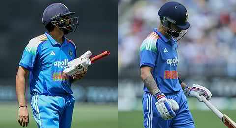 Rohit Sharma (L) and Virat Kohli (R) walking off after being dismissed during the one-day international cricket match between Australia and India in Perth, Australia, Sunday, Oct. 19, 2025.