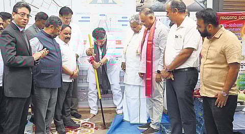 CM Siddaramaiah and Deputy CM DK Shivakumar perform bhoomi puja for white topping works in Chickpet on Tuesday.