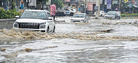 A flooded road in Tirupati following incessant rains.