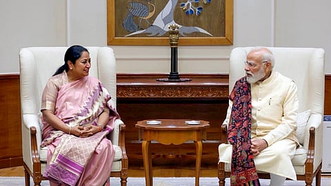 Prime Minister Narendra Modi with Delhi Chief Minister Rekha Gupta during a meeting, in New Delhi.