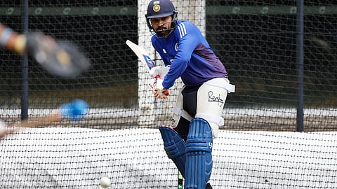 Rohit Sharma bats at the nets during a practice session at the Adelaide Oval.