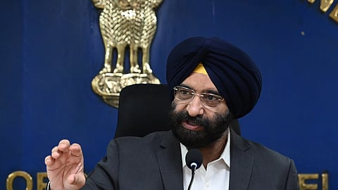 Delhi Environment Minister Manjinder Singh Sirsa addresses the media on pollution control after Diwali at the Delhi Secretariat on Tuesday.