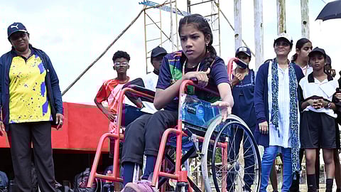 Durgapriya SP of CMGHSS, Poojappura Thiruvananthapuram, taking part in the Bocce competition at the University Stadium on Wednesday.