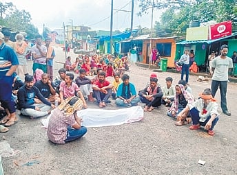 Irate locals blocking the road at Gandhi chowk on Thursday