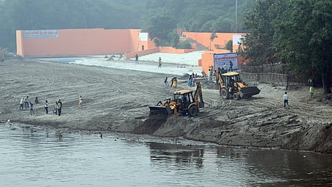 Preperation for Chhath Puja in River Yamuna Hathi Ghat in New Delhi on Wednesday.