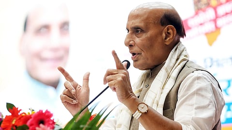 Defence Minister Rajnath Singh addresses a gathering in Lucknow.