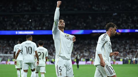 Real Madrid's Jude Bellingham celebrates scoring the opening goal during the UEFA Champions League football match between Real Madrid CF and Juventus at Santiago Bernabeu Stadium in Madrid on October 22, 2025.