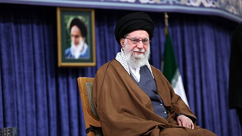 Iran's Supreme Leader Ayatollah Ali Khamenei listens to a speaker in a meeting in Tehran, Iran, Monday, Oct. 20, 2025.