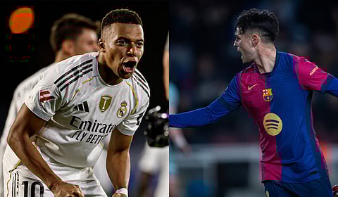 Real Madrid's Kylian Mbappe (L) and Barcelona's Pedri González