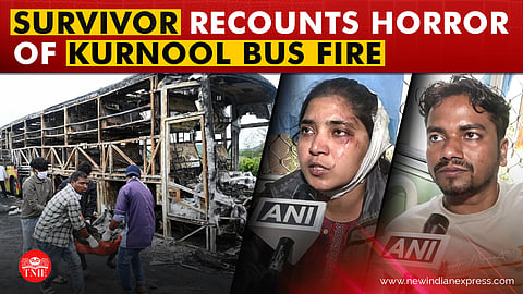 Police personnel investigate the spot after a Hyderabad-bound private bus caught fire following a collision with a two-wheeler, near Chinnatekur in Kurnool district, Andhra Pradesh, Friday, Oct. 24, 2025.