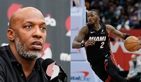 Portland Trail Blazers head coach Chauncey Billups (L) and Miami Heat guard Terry Rozier
