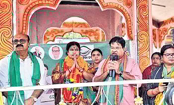 BJD candidate Chhuria at a public meeting in Komna block on Friday.