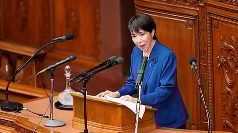 Japan's Prime Minister Sanae Takaichi delivers a policy speech at the extraordinary session of parliament's lower house Friday, Oct. 24, 2025, in Tokyo.