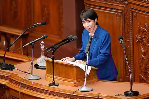 Japan's Prime Minister Sanae Takaichi delivers a policy speech at the extraordinary session of parliament's lower house Friday, Oct. 24, 2025, in Tokyo. 
