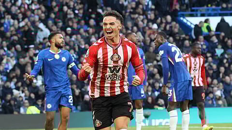 Chemsdine Talbi races away after putting Sunderland ahead three minutes into stoppage time at Stamford Bridge