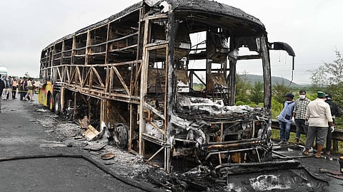 A private travel bus en route to Bangalore from Hyderabad caught fire at Kurnool on Friday.