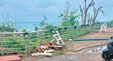 Streetlights, benches and other infrastructure around the helipad in ruins after preparations made for the President’s visit