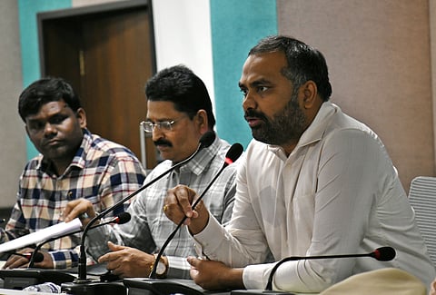 District Election Officer & GHMC Commissioner R.V. Karnan addressing media In connection with  61 - Jubilee Hills Assembly Constituency Bye-Election at GHMC Head office in Hyderabad.