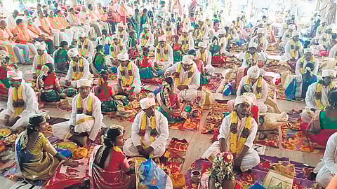 Vanavasi Kalyana Parishad (VKP) organises a mass wedding event for Chenchu couples at a function hall in Achampet town of Nagarkurnool district on Sunday.