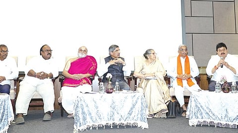 BJP state president 
N Ramchander Rao and others at a meeting organised to discuss security measures to be taken at 
Parakamani in Tirumala.