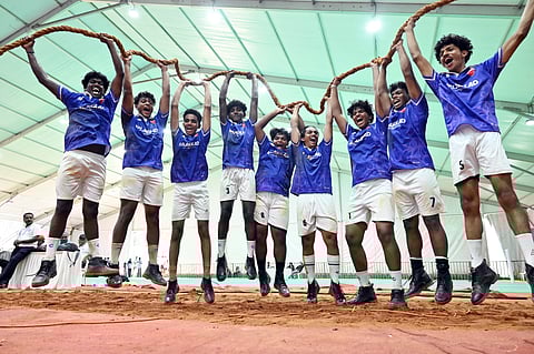 Sree Krishnaapuram HSS Palakkad district team winning the first place in the senior boys tug of war competition at the State School Sports Meet, Central Stadium, Thiruvananthapuram./ Vincent Pulickal, Express photo.