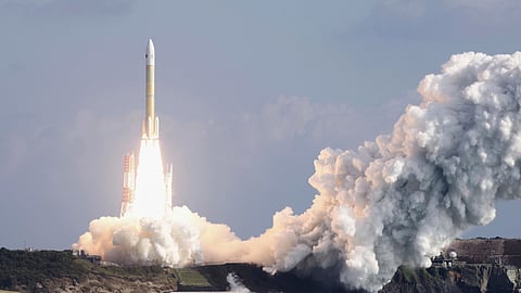 The H3 (7th) rocket by the Japan Aerospace Exploration Agency (JAXA), carrying a new HTV-X cargo transfer spacecraft, is launched from the Tanegashima Space Center in Minamitane, Tanegashima island, southern Japan, Sunday, Oct. 26, 2025.