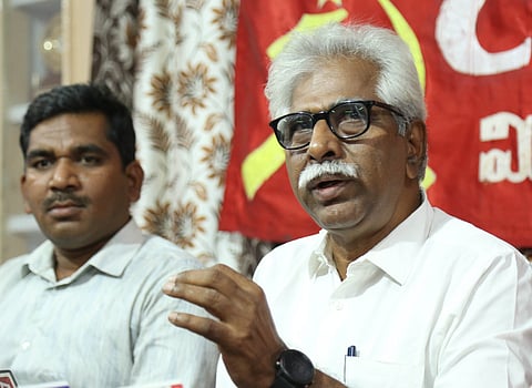 CPM state secretary V Srinivas Rao addressing a press conference in Visakhapatnam on Sunday.