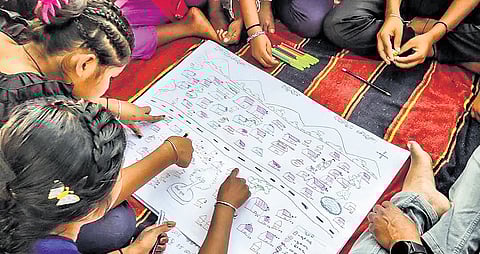 Members of Darpan Sishu Ghara going through the mapping tool prepared by them.