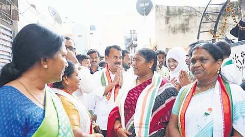 Ministers Danasari Anasuya and Jupally Krishna Rao campaign for Congress candidate Naveen Yadav in Madhura Nagar on Sunday.