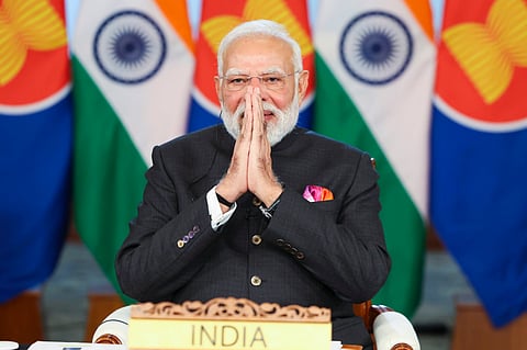 Prime Minister Narendra Modi virtually addresses the India-ASEAN Annual Summit via video conferencing. (Photo | PMO via PTI)