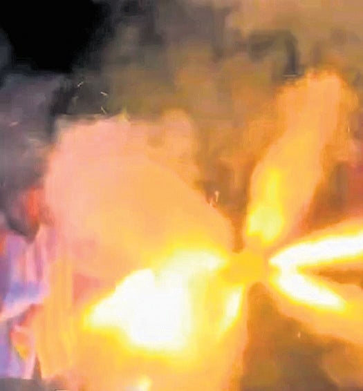 A gadha-shaped cracker exploding in Karaikudi.